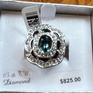 Elegant Silver and Blue/Green Gemstone Ring 1/5 carat TW